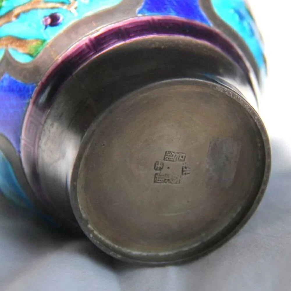 Small Vintage Cloisonne Genuine Silver Antique Natural Patina  Floral Vase Set